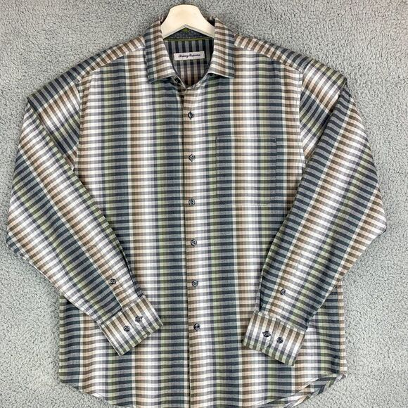 Tommy Bahama Shirt Mens Medium Gray Brown Check Silk Blend Stretch Casual Preppy - Picture 1 of 13